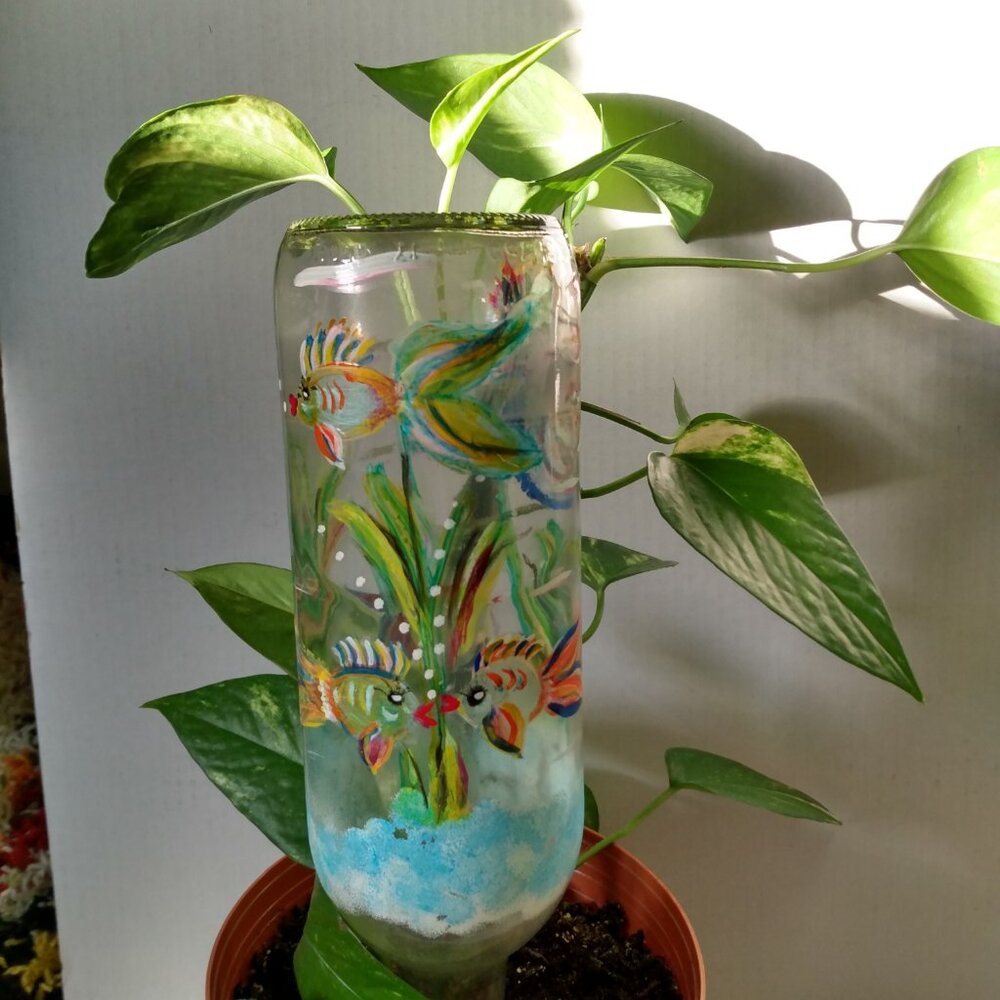 Plant Self Watering Bottle Hand Painted Wine Bottle Art Home Decor Fish Nautical